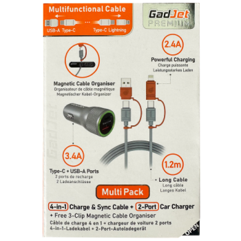 Gadjet Premium 2-Port Car Charger with 4-in-1 Charge & Sync Cable 