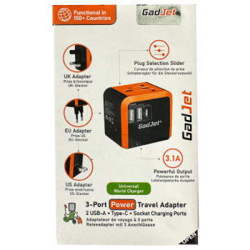 Gadjet Premium 3-Port Power Travel Adapter with 2 USB-A & Type-C 