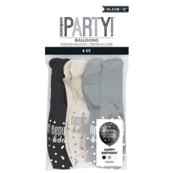 Unique Party Happy Birthday Black, Silver & White Glitz 12in Latex Balloons 6pk 