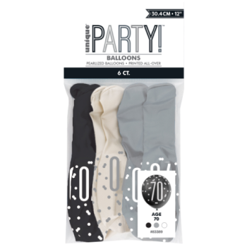 Unique Party Number 70 Black, Silver & White Glitz 12in Latex Balloons 6pk 
