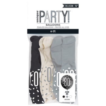 Unique Party Number 80 Black, Silver & White Glitz 12in Latex Balloons 6pk 