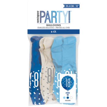 Unique Party Number 18 Light Blue, Royal Blue & White Glitz 12in Latex Balloons 6pk 
