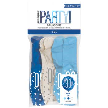 Unique Party Number 30 Light Blue, Royal Blue & White Glitz 12in Latex Balloons 6pk 