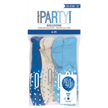 Unique Party Number 40 Light Blue, Royal Blue & White Glitz 12in Latex Balloons 6pk 