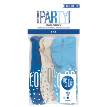 Unique Party Number 50 Light Blue, Royal Blue & White Glitz 12in Latex Balloons 6pk 