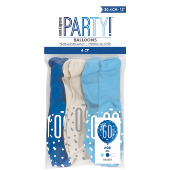 Unique Party Number 60 Light Blue, Royal Blue & White Glitz 12in Latex Balloons 6pk 