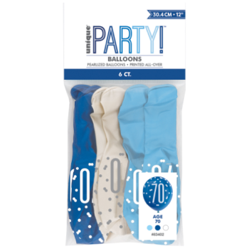 Unique Party Number 70 Light Blue, Royal Blue & White Glitz 12in Latex Balloons 6pk 