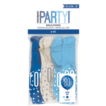 Unique Party Number 80 Light Blue, Royal Blue & White Glitz 12in Latex Balloons 6pk 