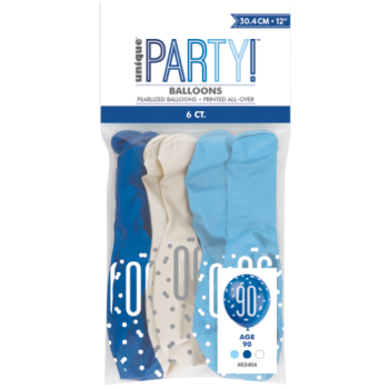 Unique Party Number 90 Light Blue, Royal Blue & White Glitz 12in Latex Balloons 6pk 