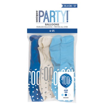 Unique Party Number 100 Light Blue, Royal Blue & White Glitz 12in Latex Balloons 6pk 
