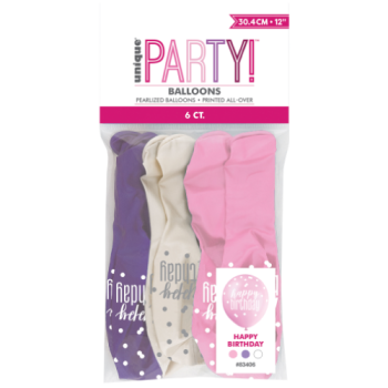 Unique Party Happy Birthday Petal Pink, Spring Lavender & White Glitz 12in Latex Balloons 6pk 