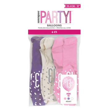 Unique Party Number 13 Petal Pink, Spring Lavender & White Glitz 12in Latex Balloons 6pk 