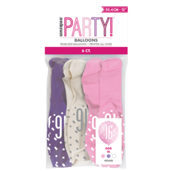 Unique Party Number 16 Petal Pink, Spring Lavender & White Glitz 12in Latex Balloons 6pk 
