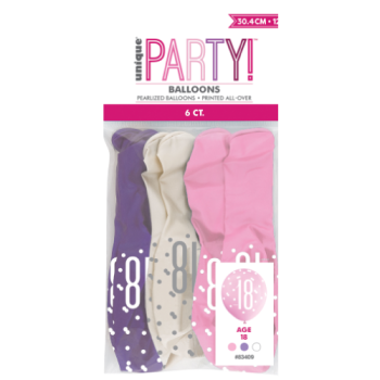 Unique Party Number 18 Petal Pink, Spring Lavender & White Glitz 12in Latex Balloons 6pk 