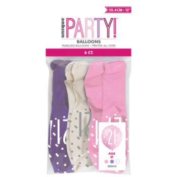Unique Party Number 21 Petal Pink, Spring Lavender & White Glitz 12in Latex Balloons 6pk 