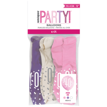 Unique Party Number 40 Petal Pink, Spring Lavender & White Glitz 12in Latex Balloons 6pk 