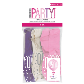 Unique Party Number 50 Petal Pink, Spring Lavender & White Glitz 12in Latex Balloons 6pk 