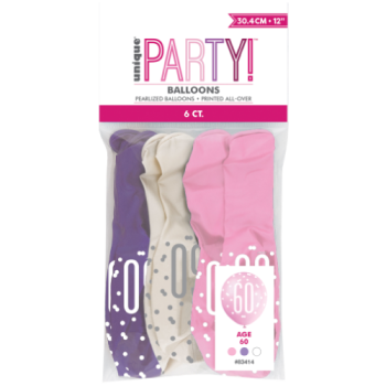 Unique Party Number 60 Petal Pink, Spring Lavender & White Glitz 12in Latex Balloons 6pk 