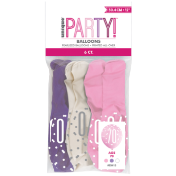 Unique Party Number 70 Petal Pink, Spring Lavender & White Glitz 12in Latex Balloons 6pk 