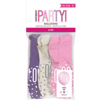 Unique Party Number 80 Petal Pink, Spring Lavender & White Glitz 12in Latex Balloons 6pk 