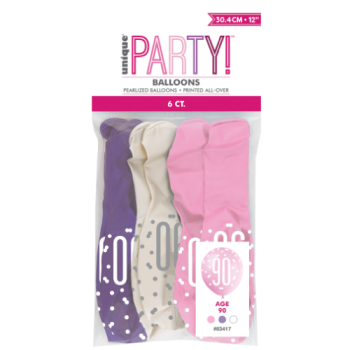 Unique Party Number 90 Petal Pink, Spring Lavender & White Glitz 12in Latex Balloons 6pk 