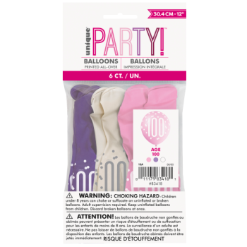 Unique Party Number 100 Petal Pink, Spring Lavender & White Glitz 12in Latex Balloons 6pk 