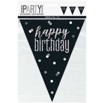 Unique Party Happy Birthday Black & Silver Glitz Prismatic Plastic Flag Banner 9ft 