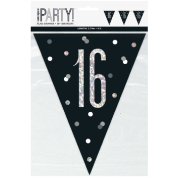 Unique Party Number 16 Black & Silver Glitz Prismatic Plastic Flag Banner 9ft 