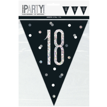 Unique Party Number 18 Black & Silver Glitz Prismatic Plastic Flag Banner 9ft 