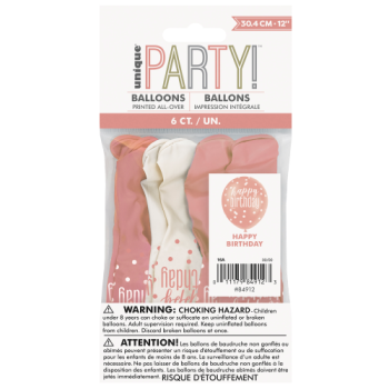 Unique Party Happy Birthday Rose Gold Glitz 12in Latex Balloons 6pk 
