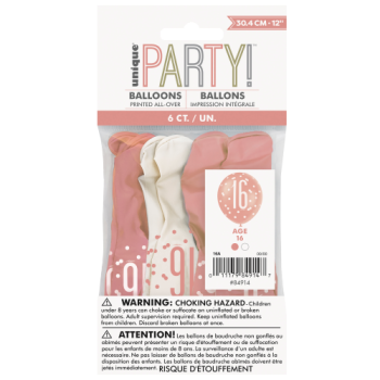 Unique Party Number 16 Rose Gold Glitz 12in Latex Balloons 6pk 