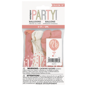 Unique Party Number 21 Rose Gold Glitz 12in Latex Balloons 6pk 