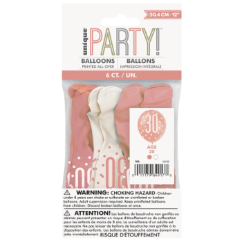 Unique Party Number 30 Rose Gold Glitz 12in Latex Balloons 6pk 
