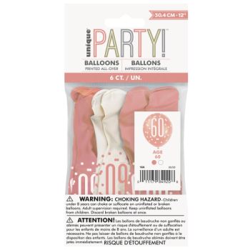 Unique Party Number 60 Rose Gold Glitz 12in Latex Balloons 6pk 