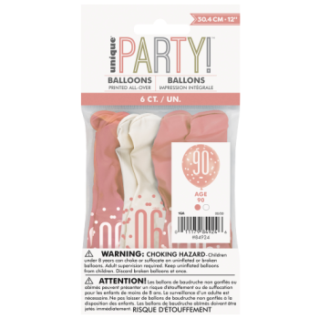Unique Party Number 90 Rose Gold Glitz 12in Latex Balloons 6pk 