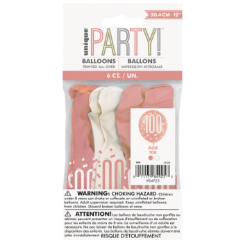 Unique Party Number 100 Rose Gold Glitz 12in Latex Balloon 6pk 