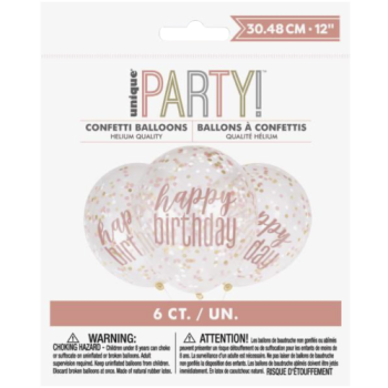 Unique Party Happy Birthday Rose Gold Clear 12in Balloons with Confetti 6pk 