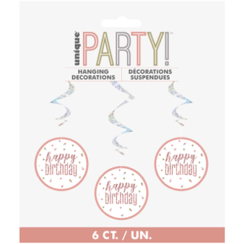 Unique Party Happy Birthday Rose Gold Glitz 32in Hanging Swirls 6pk 