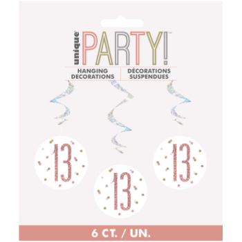 Unique Party Number 13 Rose Gold Glitz 32in Hanging Swirls 6pk 