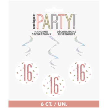 Unique Party Number 16 Rose Gold Glitz 32in Hanging Swirls 6pk 