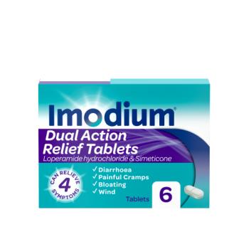 Imodium Dual Action Diarrhoea Cramps Bloating + Wind Relief 6 Tablets