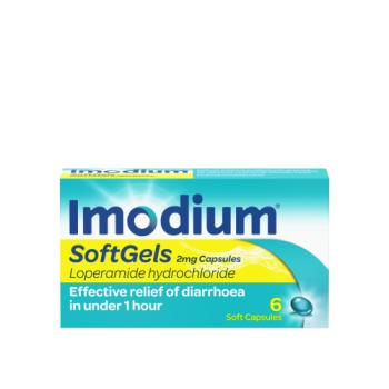 Imodium SoftGels loperamide capsules effective diarrhea relief 2mg 6 tabs