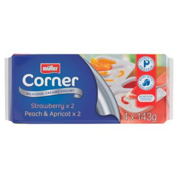 Müller Corner Strawberry and Peach Apricot Yogurts 4 x 143g