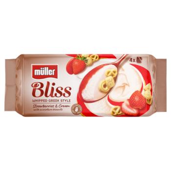 Müller Bliss Whipped Greek Style Strawberries & Cream with Miniature Biscuits 4 x 100g (400g)