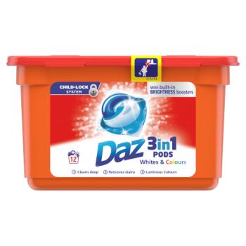 Daz 3in1 Pods for Whites and Colours Washing Liquid Capsules 12 Washes