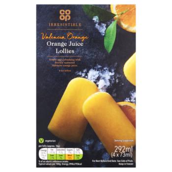 Co Op Irresistible Valencia Orange Ice Lollies 4 x 73ml (292ml)