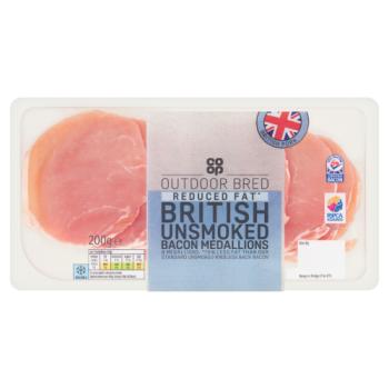 Co-op 8 Outdoor Bred Reduced Fat British Unsmoked Bacon Medallions 200g