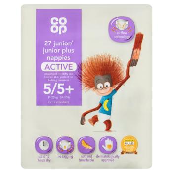 Co-op 27 Junior/Junior Plus Nappies Active Extra Absorbent 5/5+ 11-25kg 24-55lb