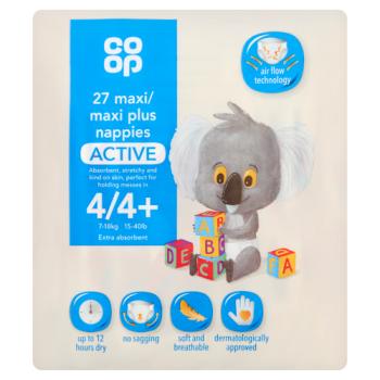Co-op Active 27 Maxi/ Maxi Plus Nappies Active Size 4/4+ 7-18kg 15-40lb