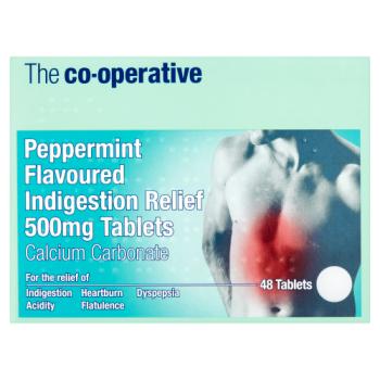 The Co-operative Peppermint Flavoured Indigestion Relief 500mg Tablets 48 Tablets